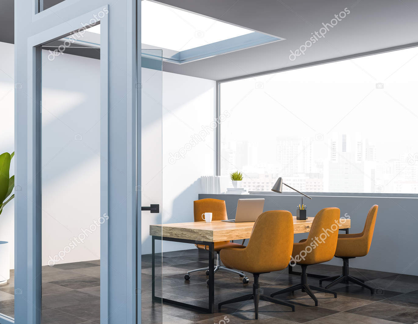 Interior of modern manager office with white walls, tiled floor, large wooden table with computer on it and three chairs for visitors as seen from office hall. 3d rendering